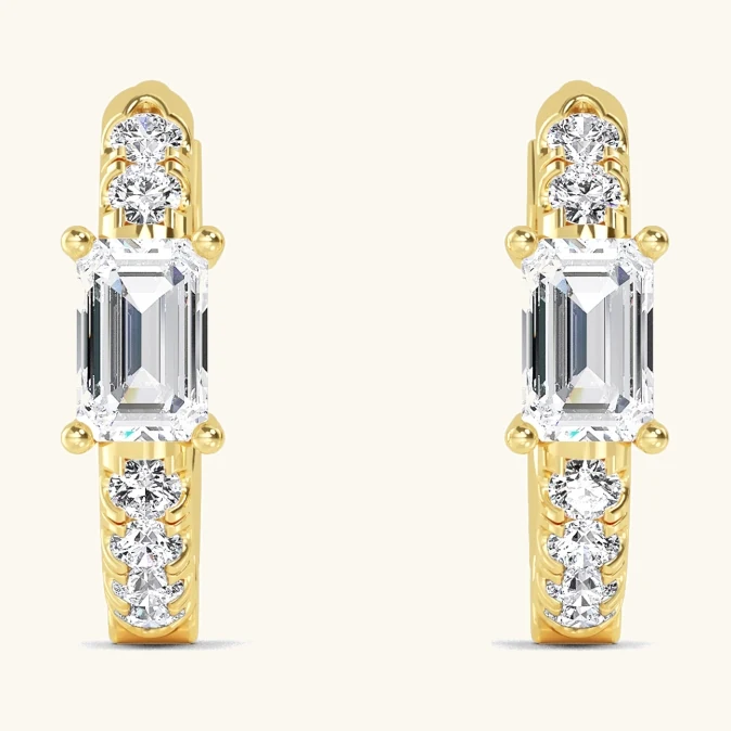 Orbit Emerald, Emerald-Cut Centre Diamond Hoops in Yellow Gold, emerald
