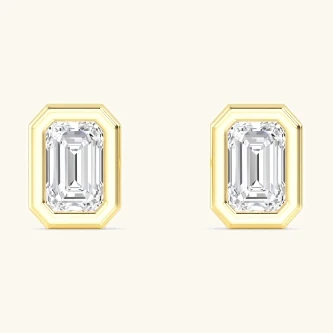 Moon Emerald, Emerald-Cut Bezel Studs in Yellow Gold, emerald
