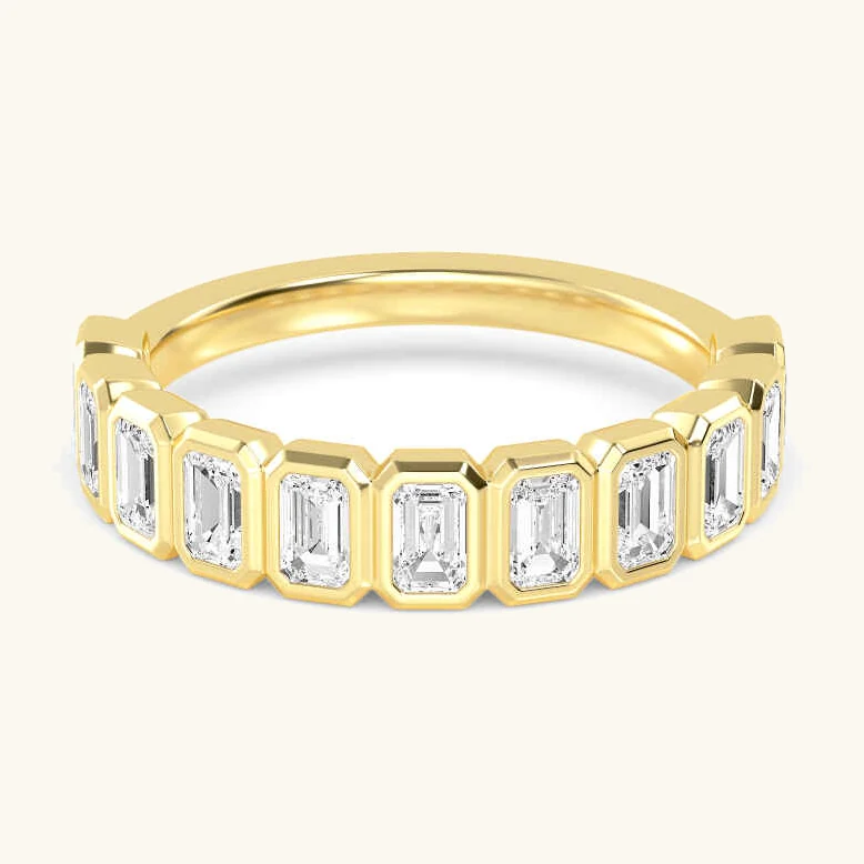 Pebble Emerald Upright, Upright Emerald-Cut Bezel Band in Yellow Gold, emerald