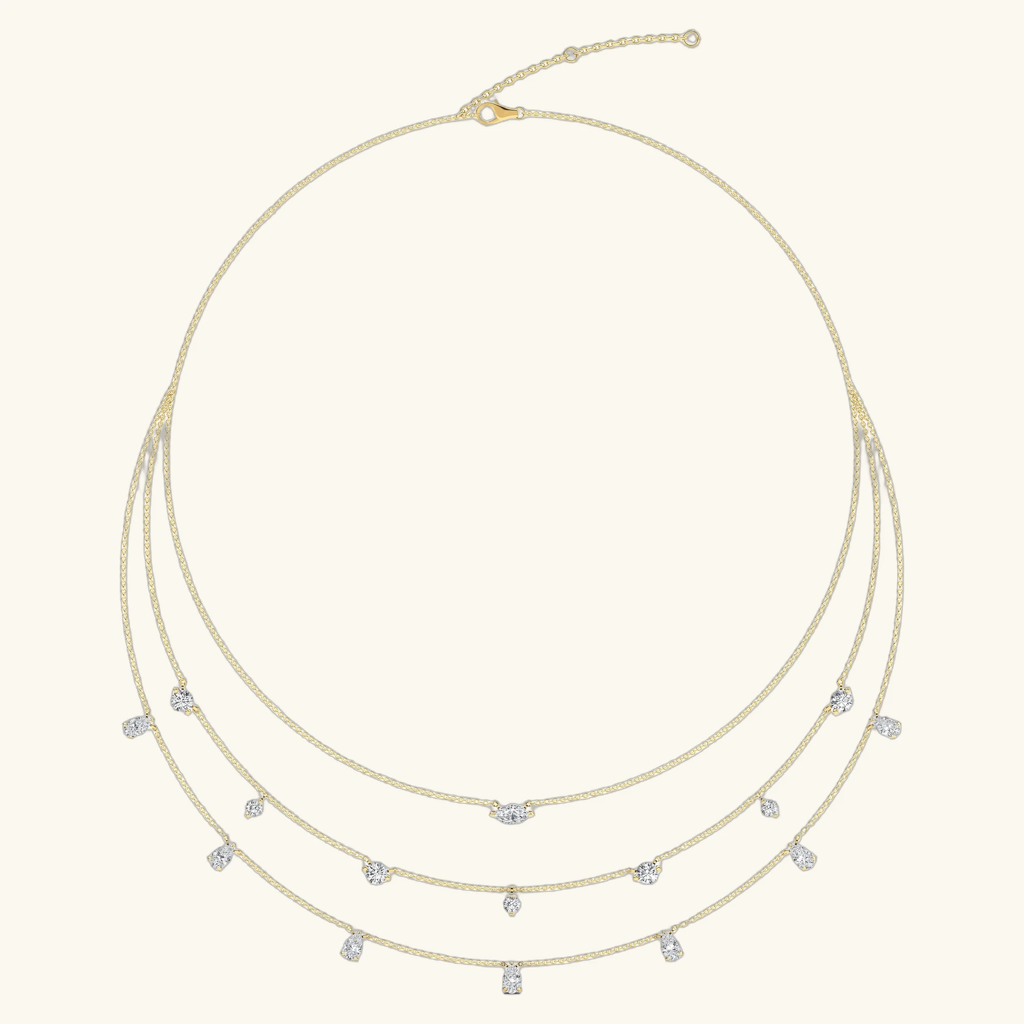 Estelle, Three Layer Mixed Shape Drop Necklace in Yellow Gold, mixed