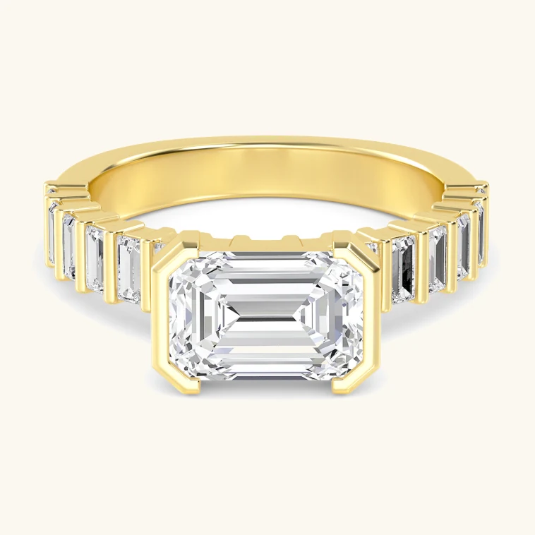 Stanza, East-West Emerald Cut with Baguette Band in Yellow Gold, emerald