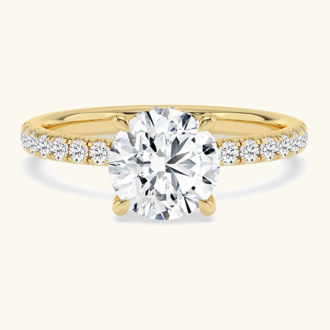 Cera, Four Prong Round Solitaire, Pavé Band, Hidden Halo in Yellow Gold, round