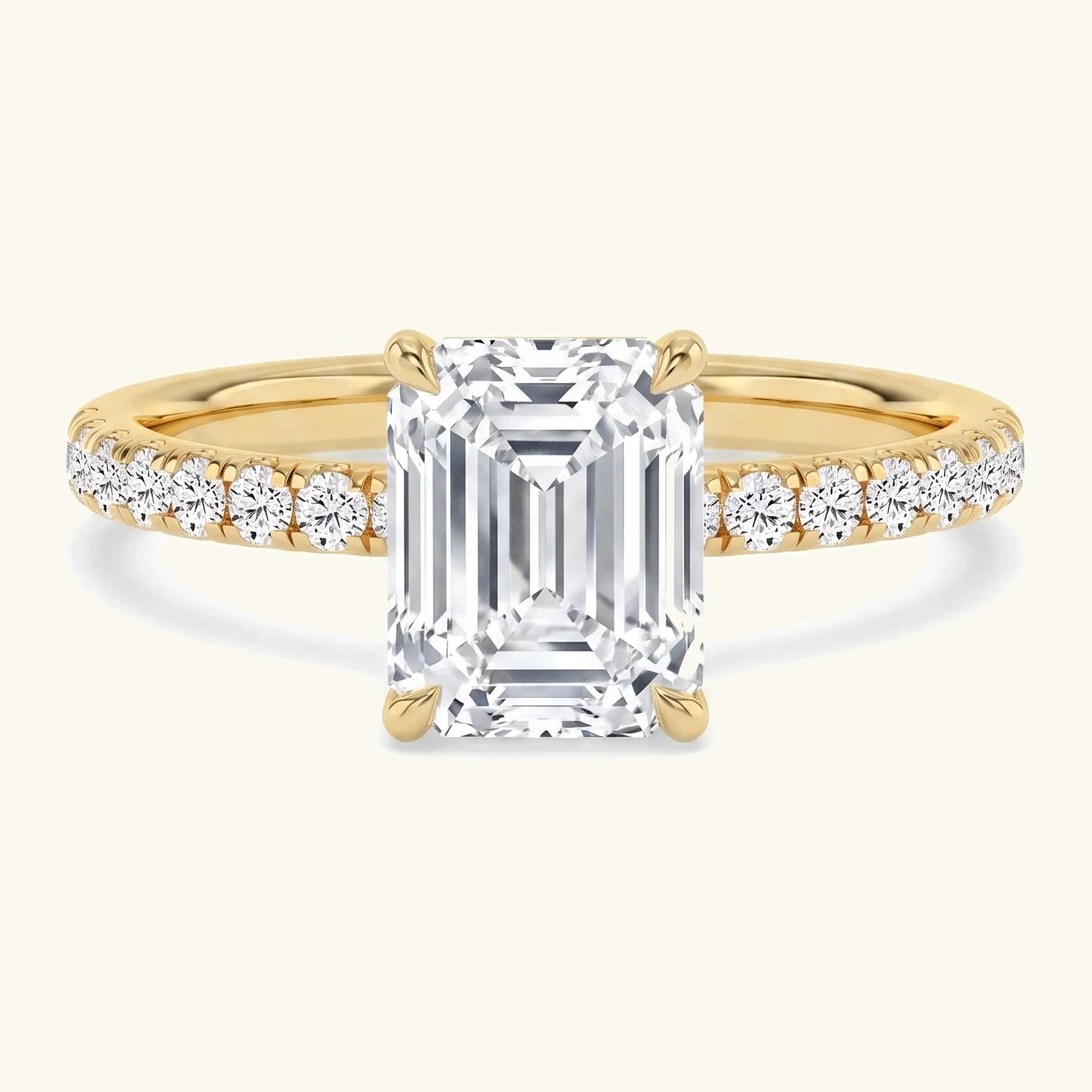 Fawn, Four Prong Emerald Solitaire, Pavé Band, Hidden Halo in Yellow Gold, emerald