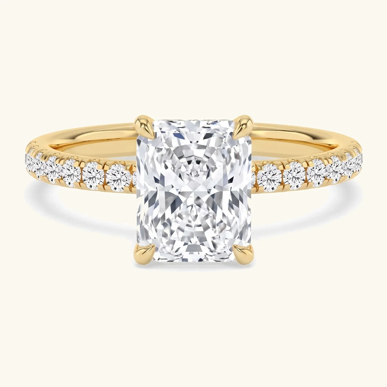 Flax, Four Prong Radiant Solitaire, Pavé Band, Hidden Halo in Yellow Gold, radiant
