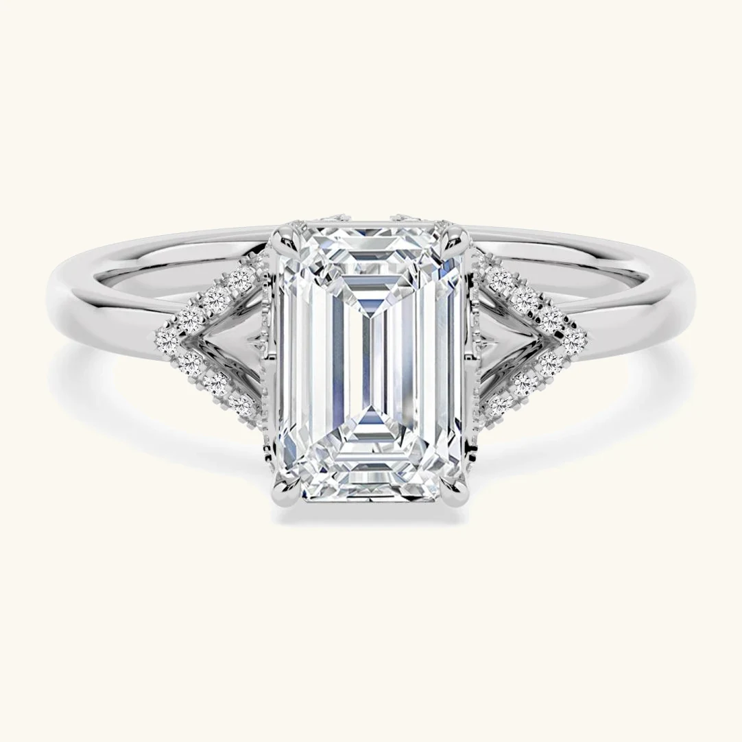 Wren, Four Prong Emerald Solitaire, Pavé Band, Split Shank in White Gold, emerald