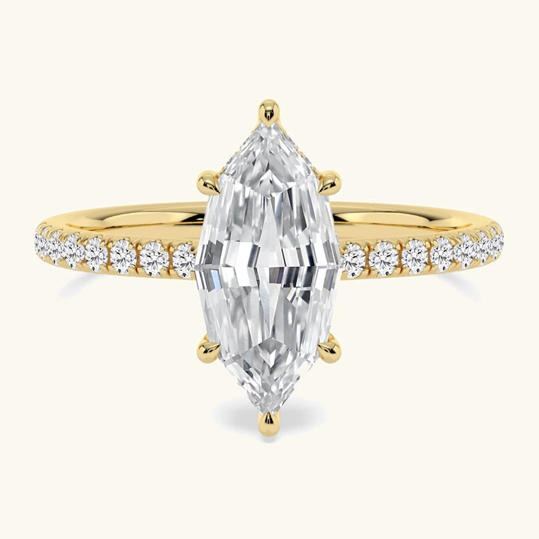 Aster, Four Prong Step-cut marquise Solitaire, Pavé Band in Yellow Gold, marquise