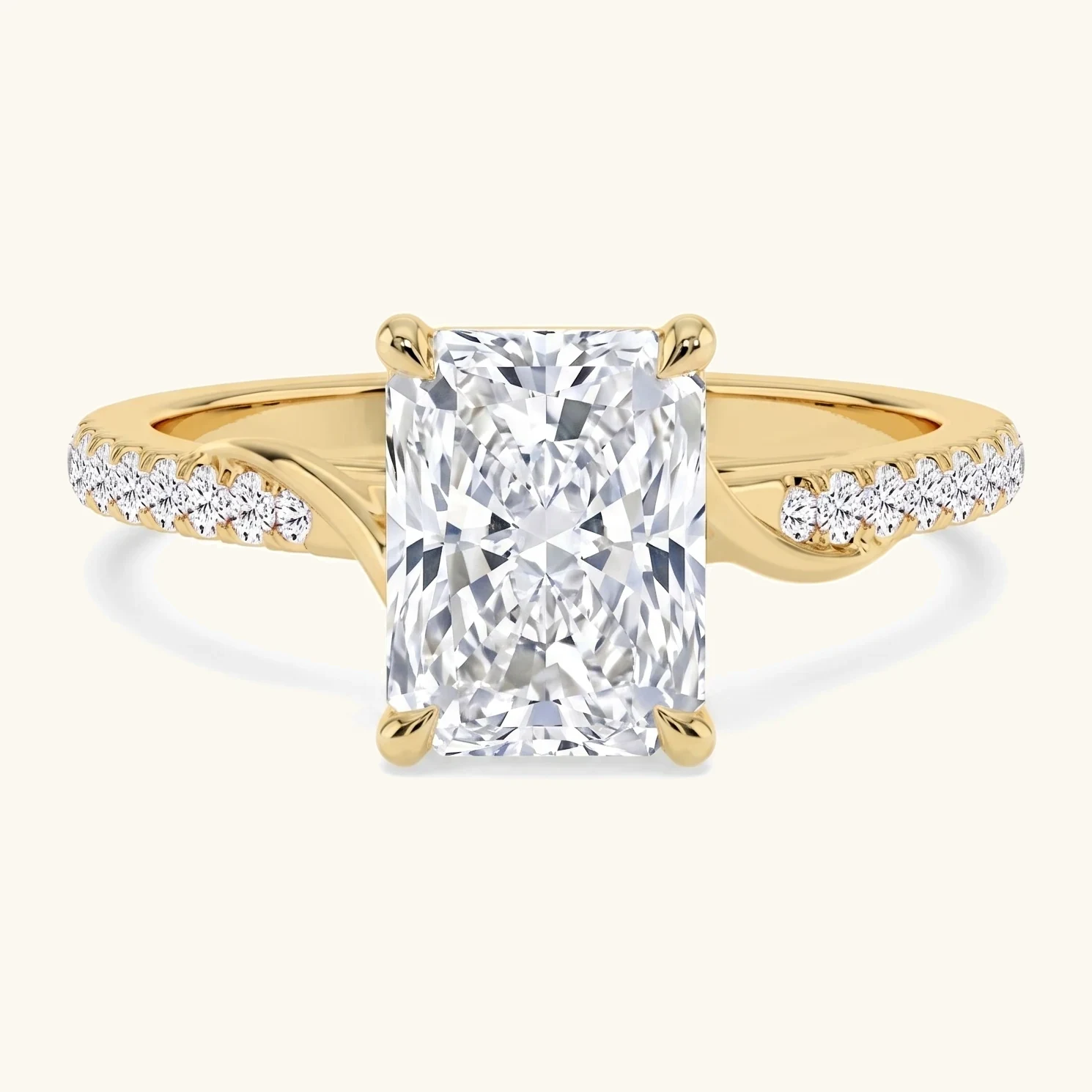 Hush, Four Prong Radiant Solitaire, Pavé Band in Yellow Gold, radiant