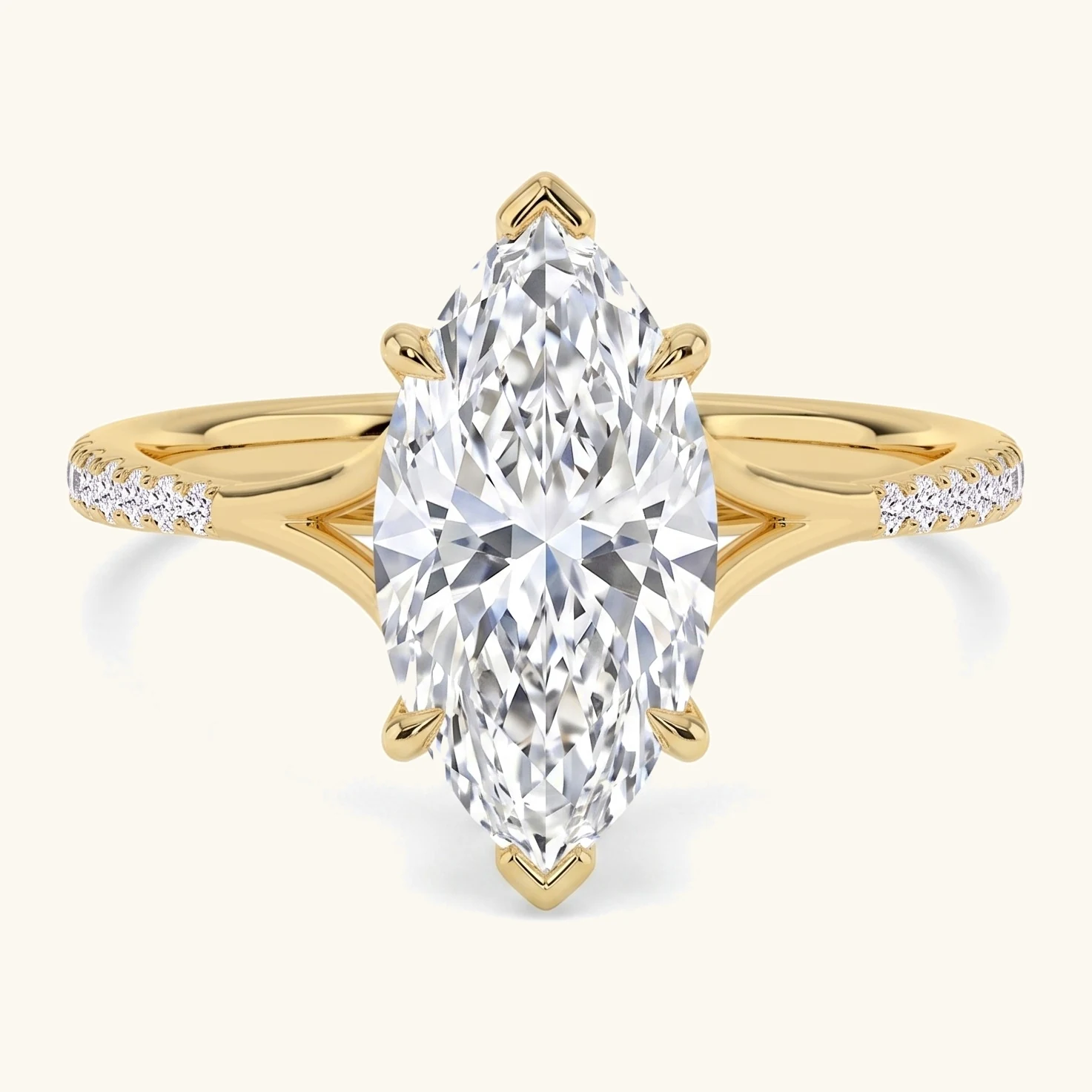 Islet, Six Prong Marquise Solitaire, Pavé Band, Split Shank in Yellow Gold, marquise