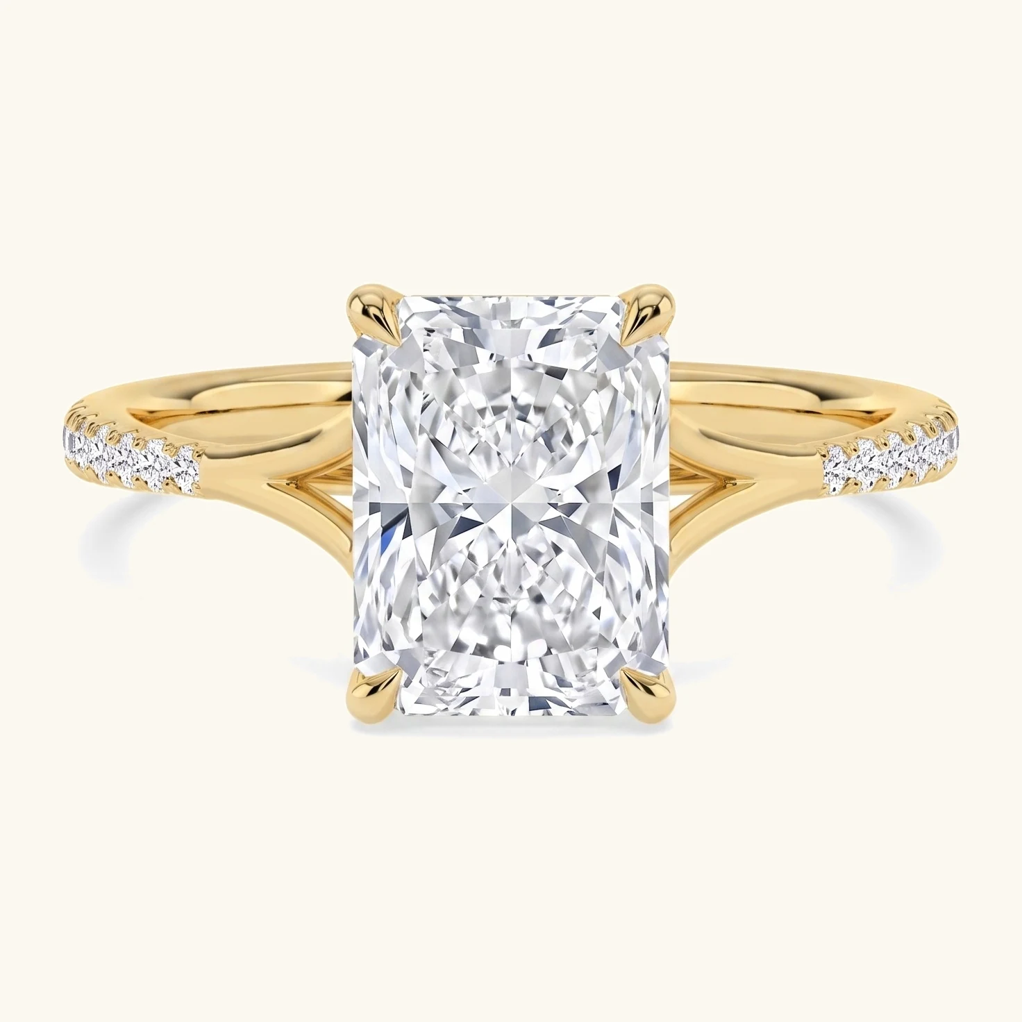 Lichen, Four Prong Radiant Solitaire, Pavé Band, Split Shank in Yellow Gold, radiant