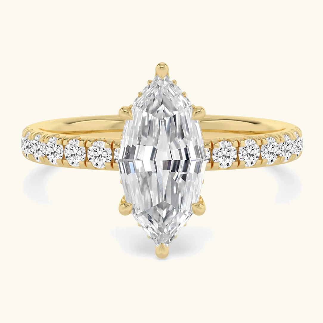 Elm, Four Prong Step-cut marquise Solitaire, Pavé Band in Yellow Gold, marquise