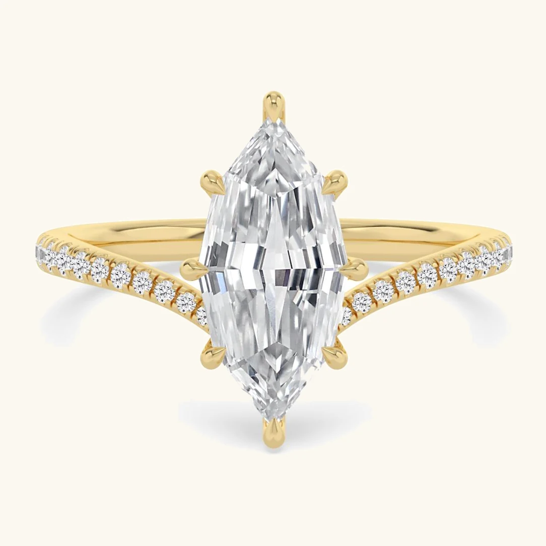 Lark, Four Prong Step-cut marquise Solitaire, Pavé Band in Yellow Gold, marquise