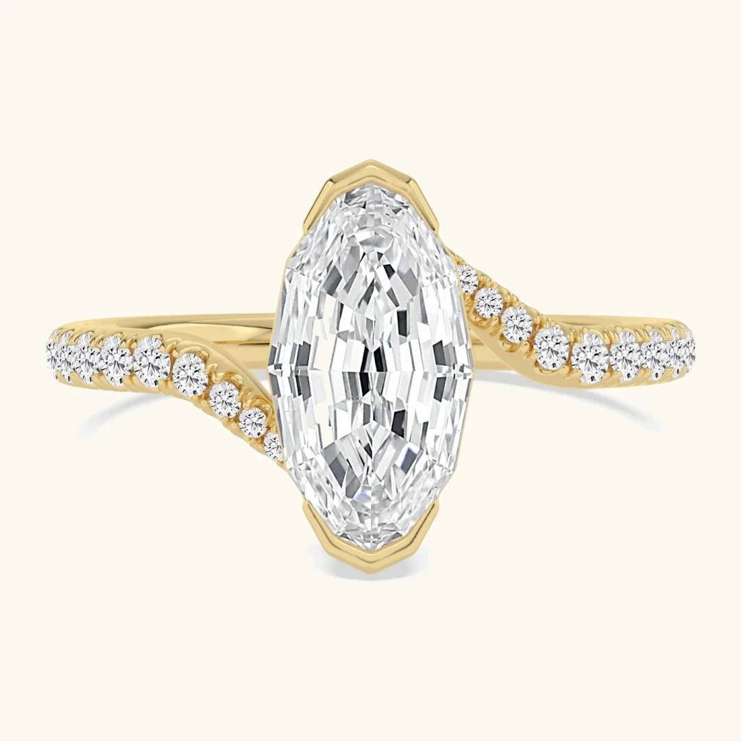 Quay, Four Prong Step-cut oval Solitaire, Pavé Band, Bypass in Yellow Gold, oval