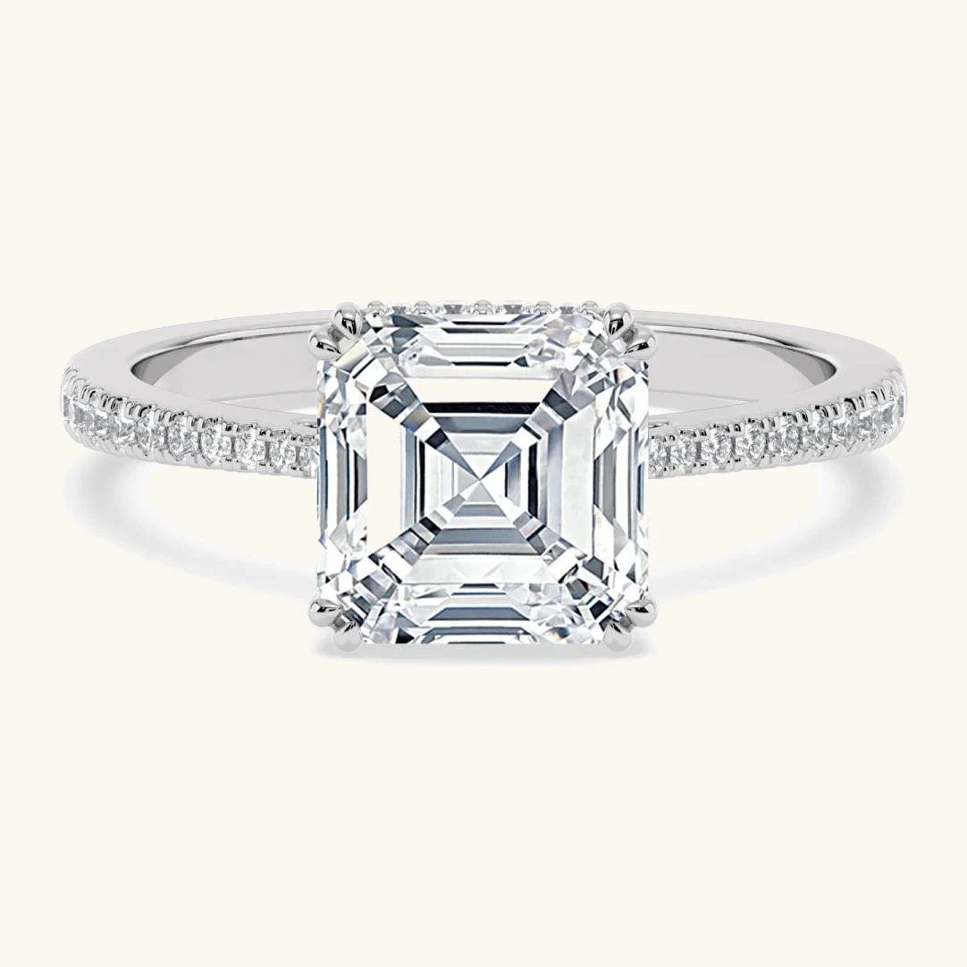 Yarrow, Four Prong Asscher Solitaire, Pavé Band, Hidden Halo in White Gold, asscher
