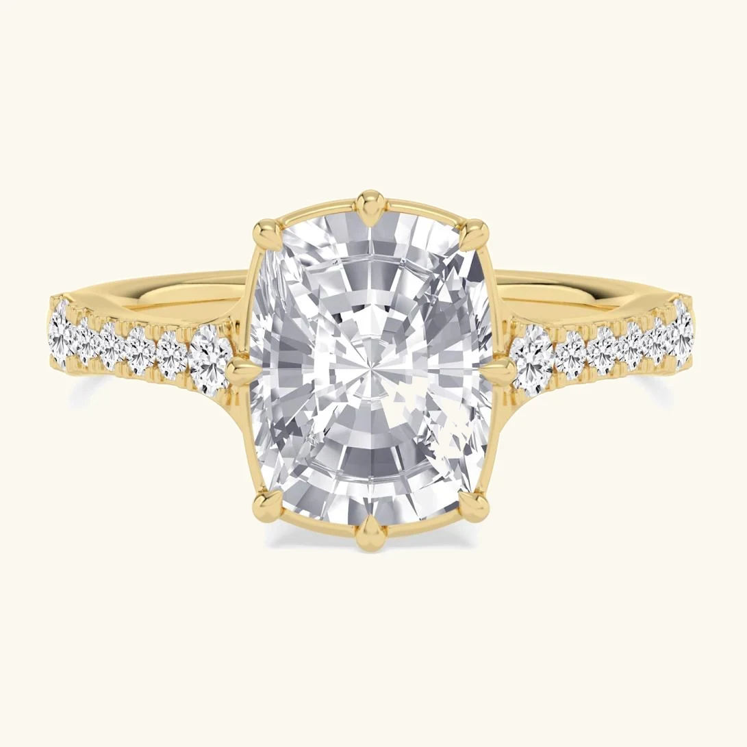 Zephyr, Four Prong Cushion Solitaire, Pavé Band in Yellow Gold, cushion