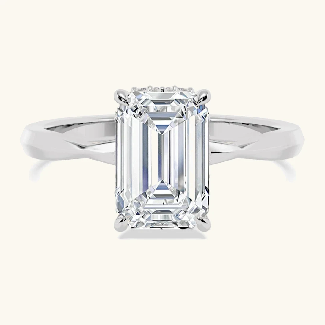 Angelie, Four Prong Emerald Solitaire, Hidden Halo in White Gold, emerald