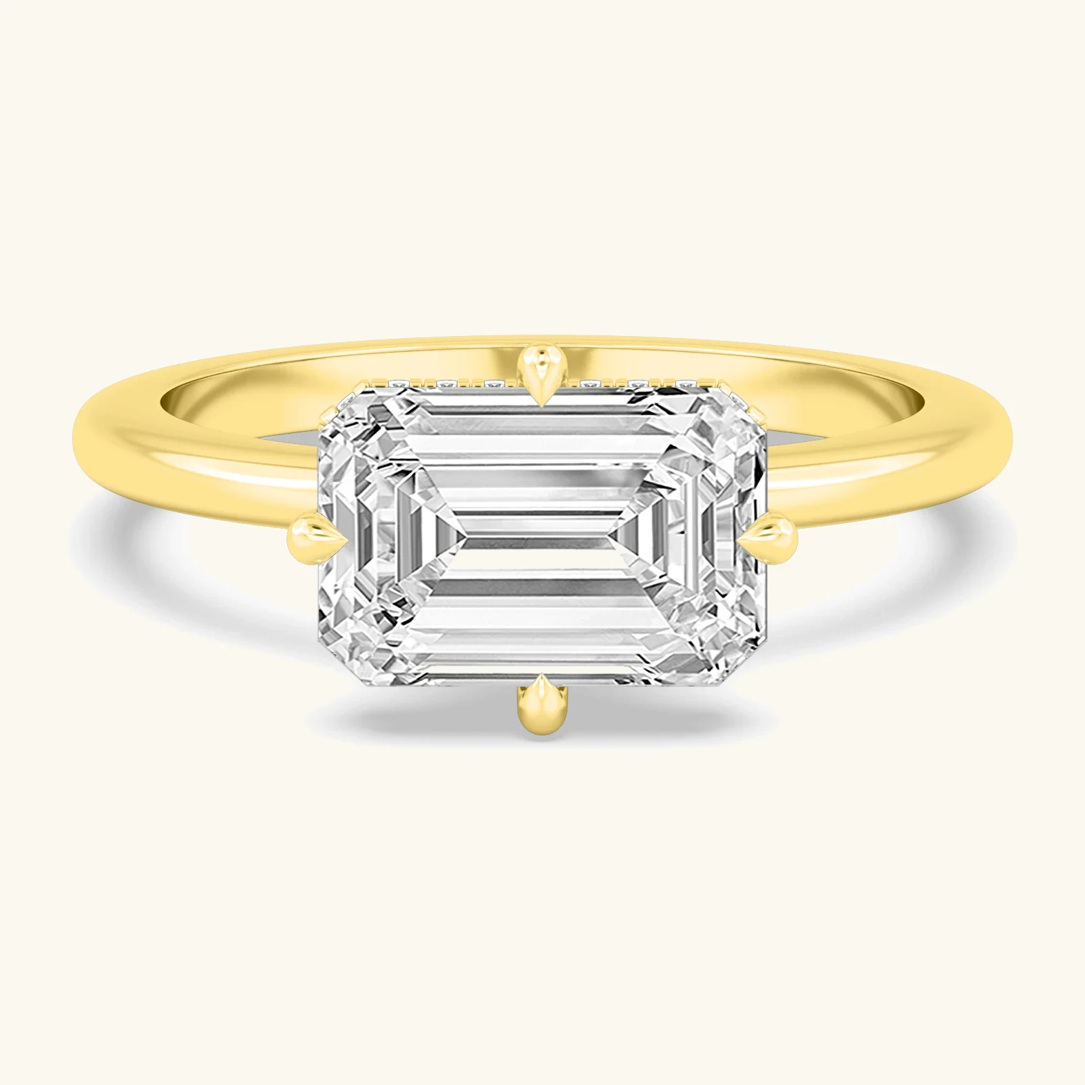 Harbour, Four Prong Emerald East-West Solitaire, Hidden Halo in Yellow Gold, emerald