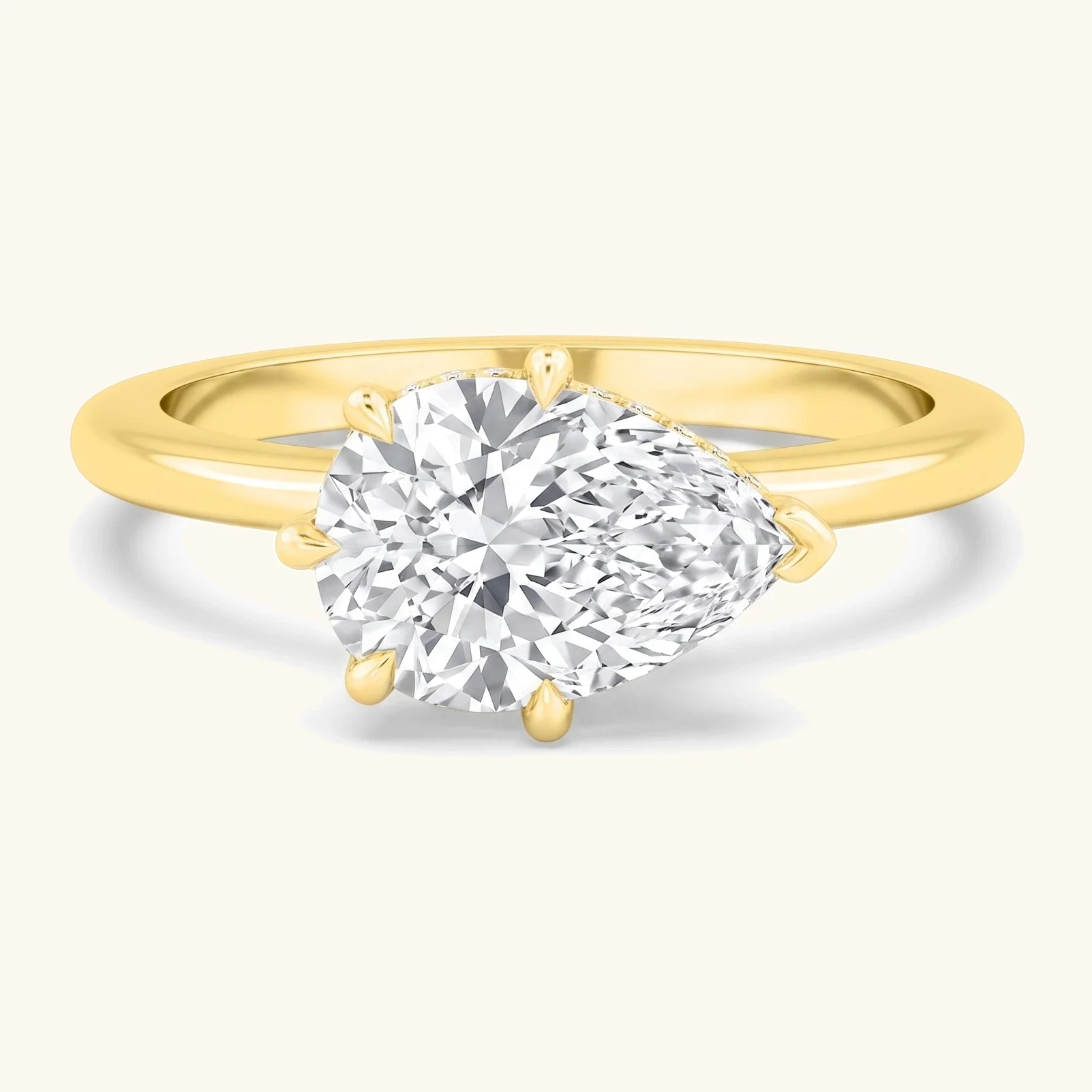 Fleck, Five Prong Pear East-West Solitaire, Hidden Halo in Yellow Gold, pear