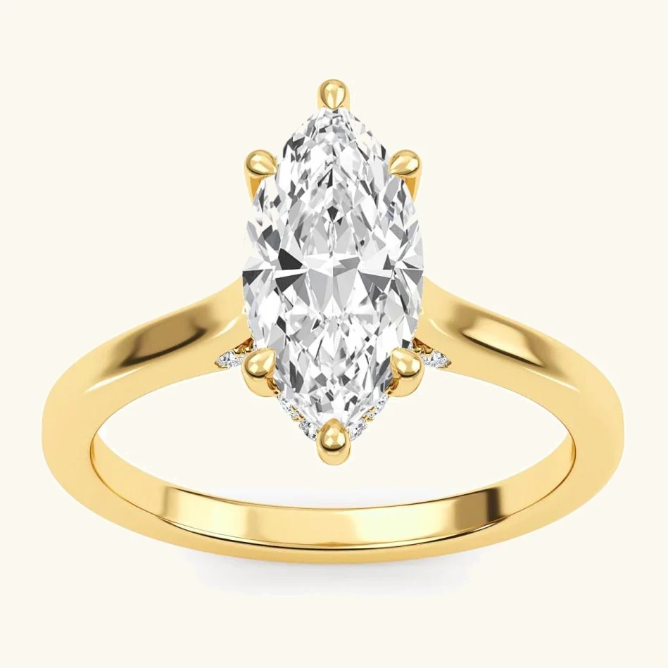 Jetty, Four Prong Marquise Solitaire, Hidden Halo in Yellow Gold, marquise