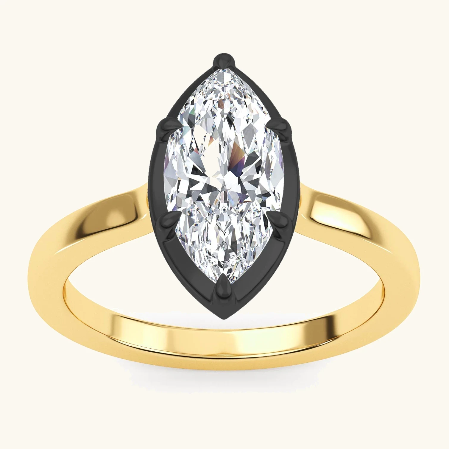 Loom, Four Prong Marquise Solitaire, Black Rhodium Head in Yellow Gold, marquise