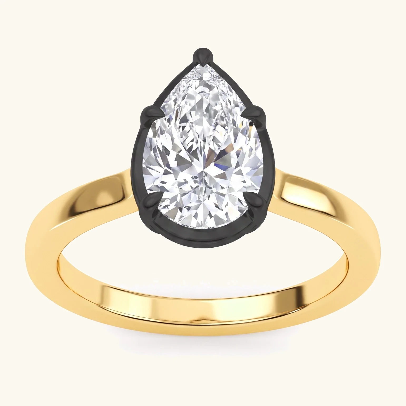 Larch, Five Prong Pear Solitaire, Black Rhodium Head in Yellow Gold, pear