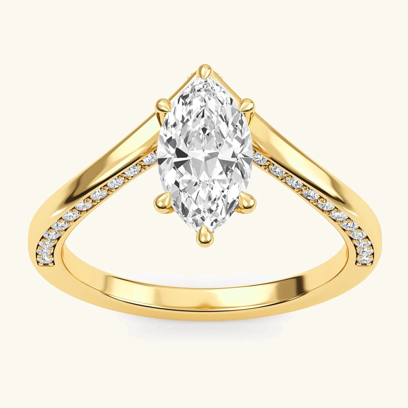 Plume, Four Prong Marquise Solitaire, Pavé Band in Yellow Gold, marquise