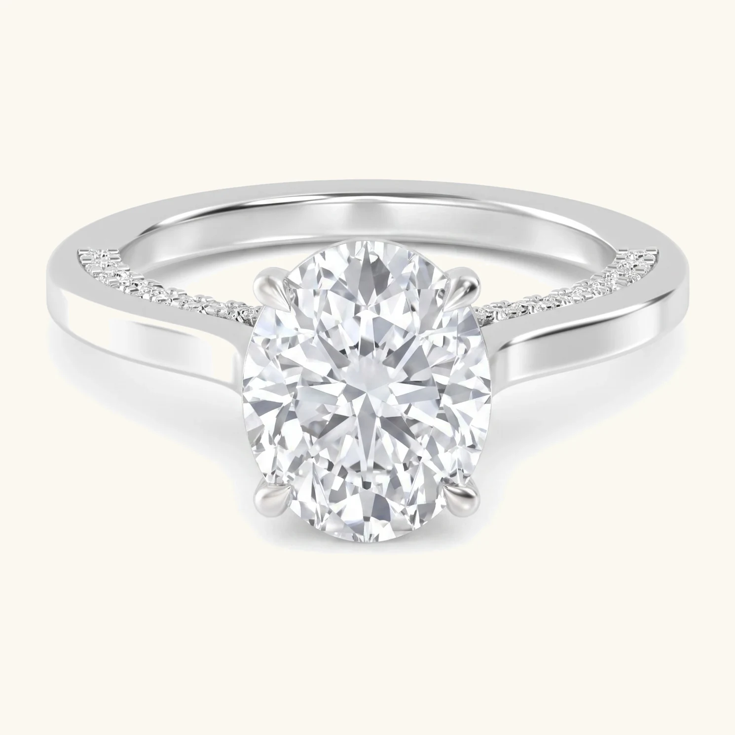 Tern, Four Prong Oval Solitaire, Pavé Band in White Gold, oval