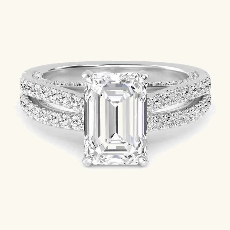 Alder, Four Prong Emerald Solitaire, Pavé Band, Split Shank in White Gold, emerald