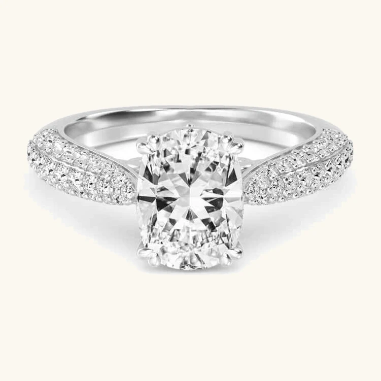 Gale, Four Prong Cushion Solitaire, Pavé Band in White Gold, cushion