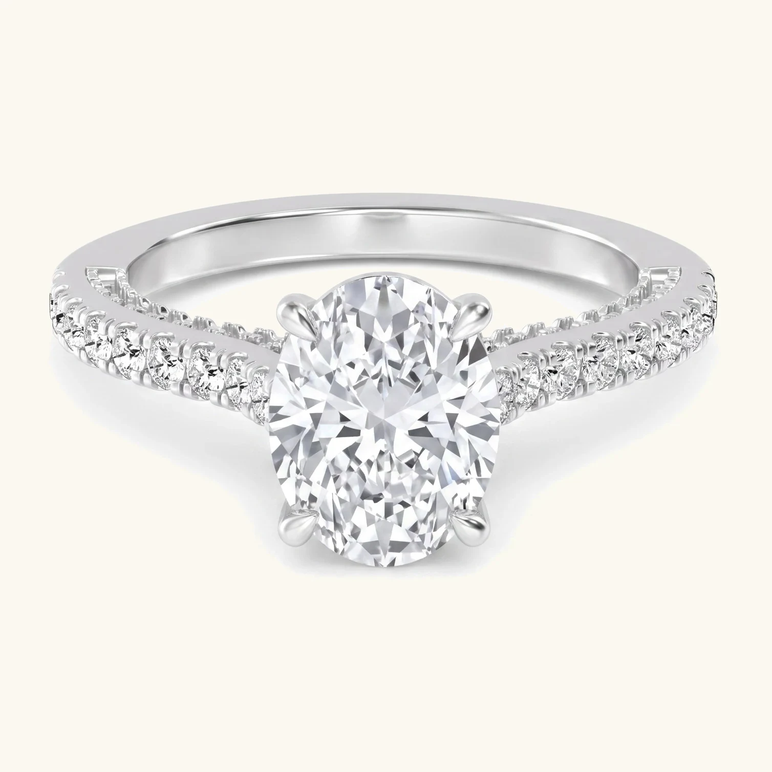 Thrush, Four Prong Oval Solitaire, Pavé Band in White Gold, oval