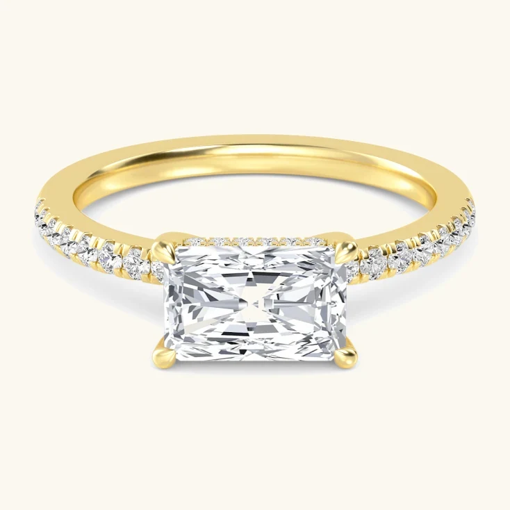 Moss, Four Prong Radiant East-West Solitaire, Pavé Band in Yellow Gold, radiant