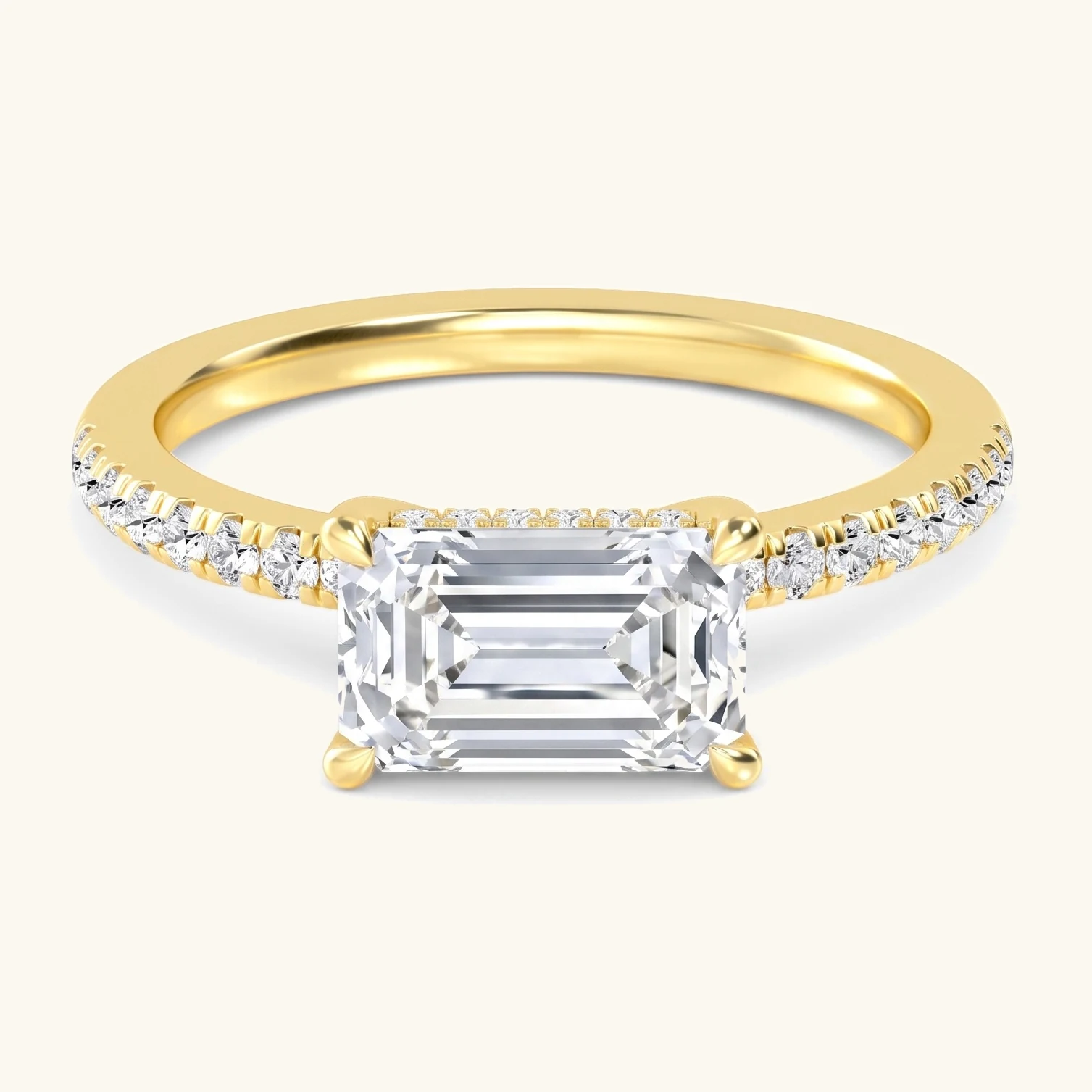 Laurel, Four Prong Emerald East-West Solitaire, Pavé Band, Hidden Halo in Yellow Gold, emerald