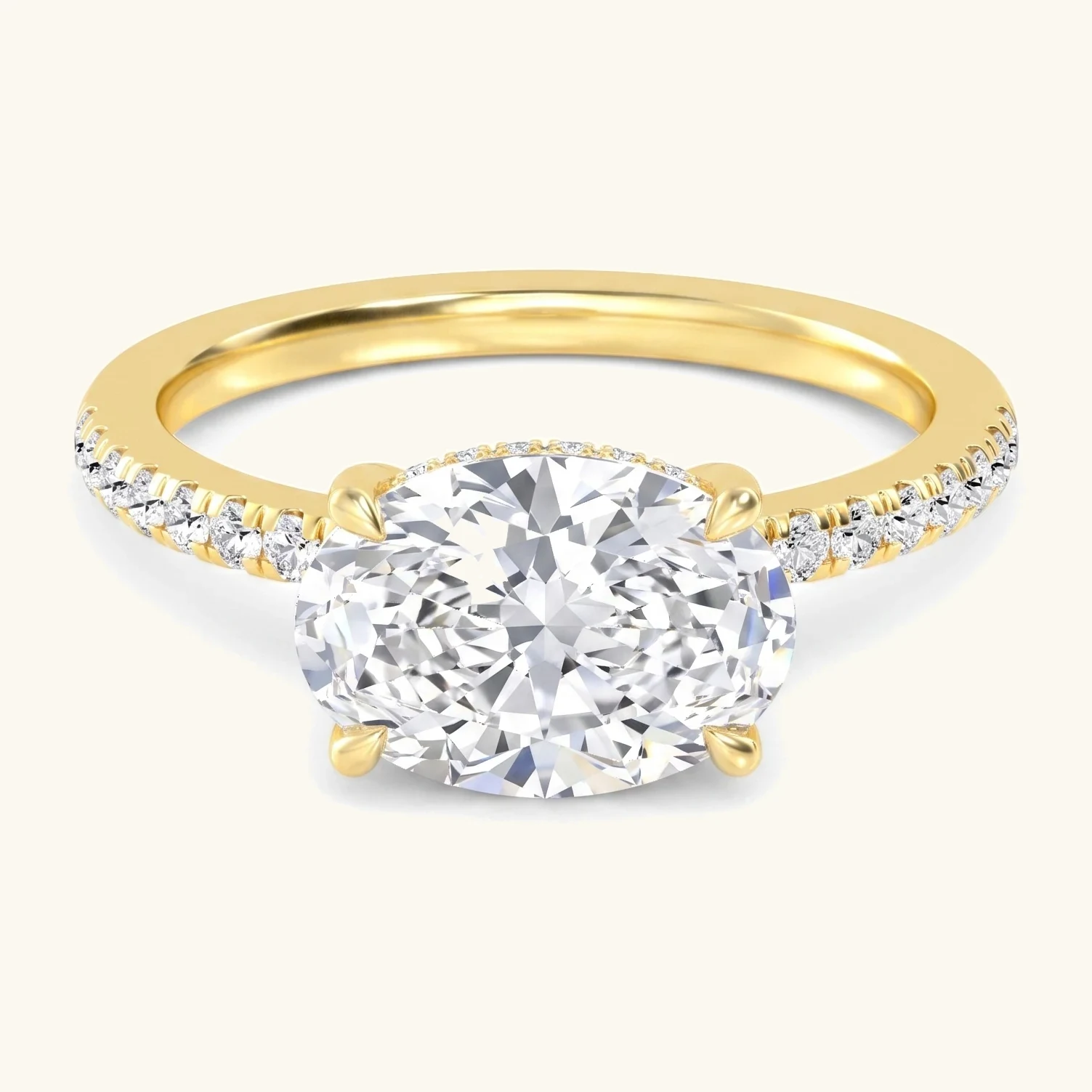 Lily, Four Prong Oval East-West Solitaire, Pavé Band, Hidden Halo in Yellow Gold, oval