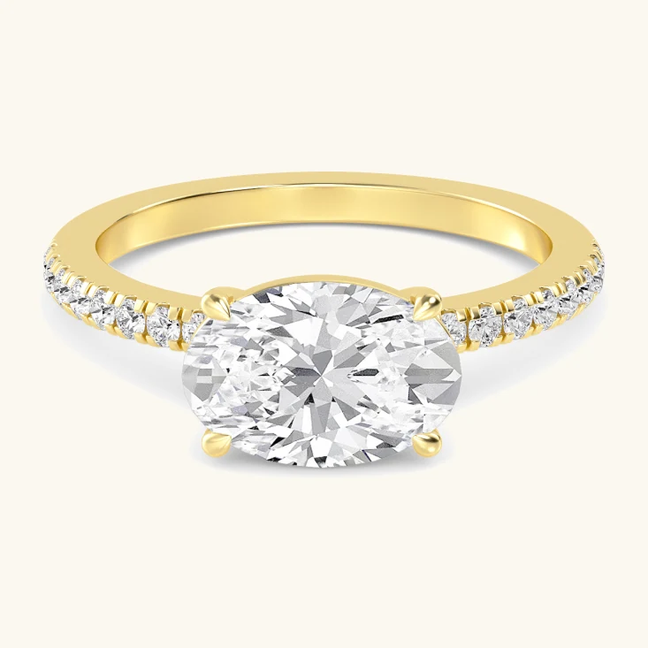 Nest, Four Prong Oval East-West Solitaire, Pavé Band in Yellow Gold, oval