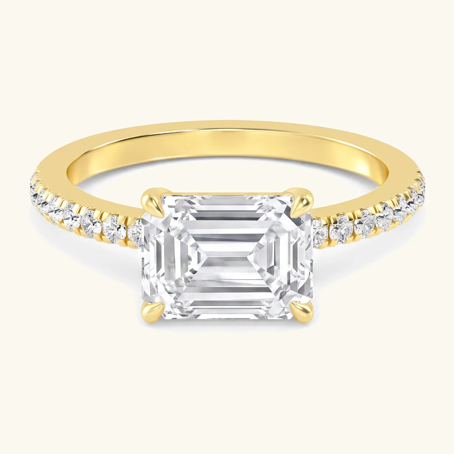 Clove, Four Prong Emerald East-West Solitaire, Pavé Band in Yellow Gold, emerald