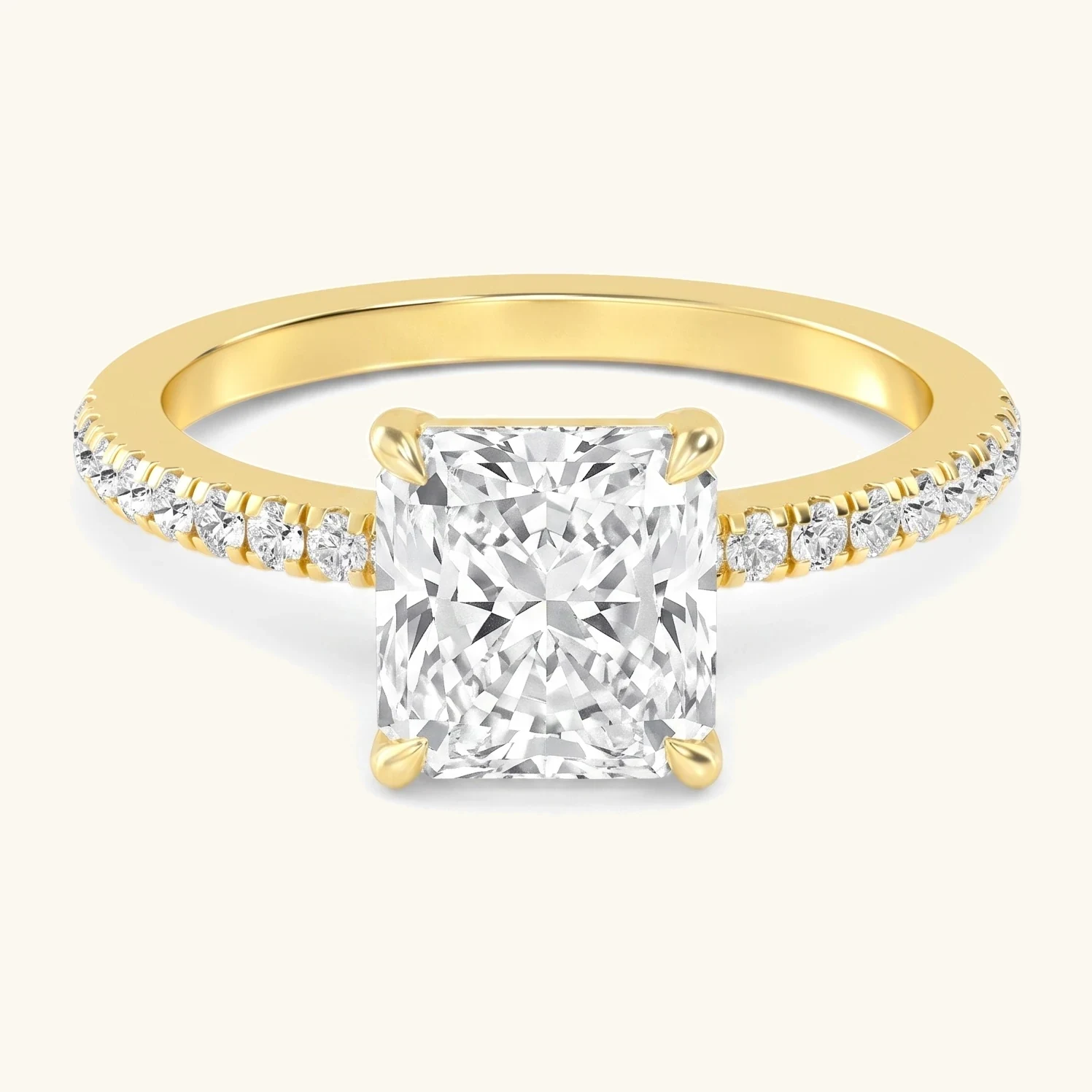 Sage, Four Prong Radiant East-West Solitaire, Pavé Band in Yellow Gold, radiant