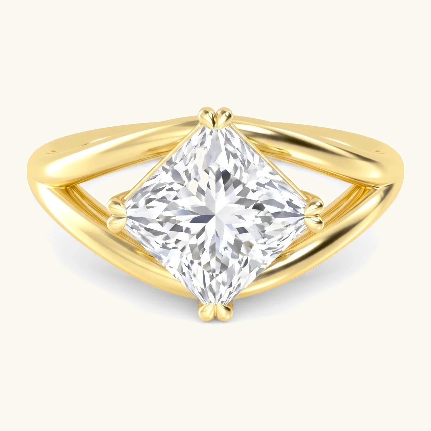 Plum, Double Claw Princess Solitaire, Split Shank in Yellow Gold, princess