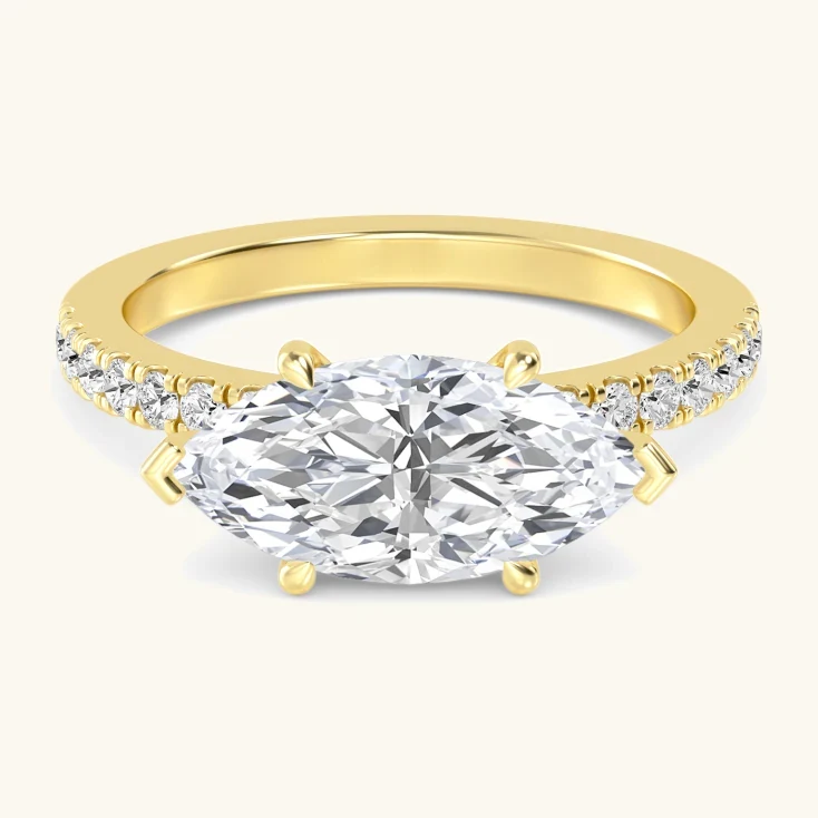 Sill, Four Prong Marquise East-West Solitaire, Pavé Band in Yellow Gold, marquise