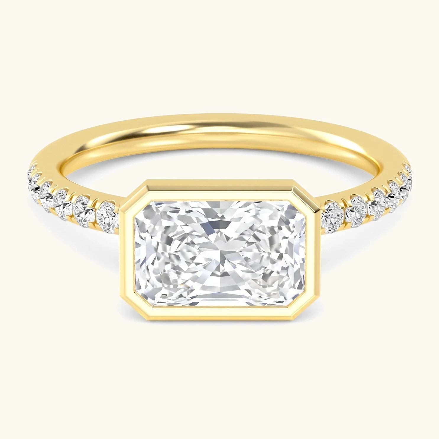 Ballad, Bezel Radiant East-West Solitaire, Pavé Band in Yellow Gold, radiant