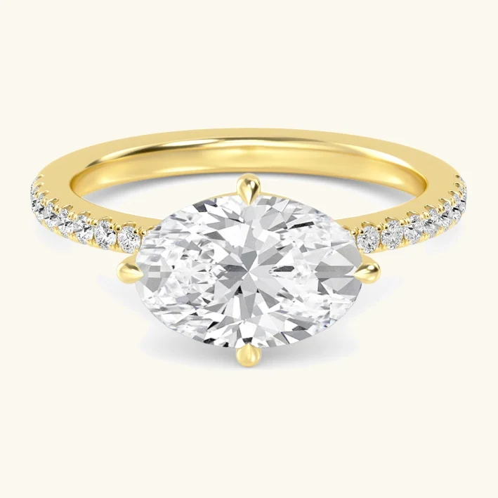 Vane, Four Prong Oval East-West Solitaire, Pavé Band in Yellow Gold, oval