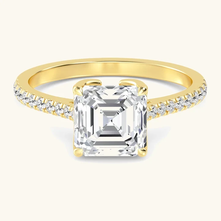 Nib, Four Prong Asscher Solitaire, Pavé Band in Yellow Gold, asscher