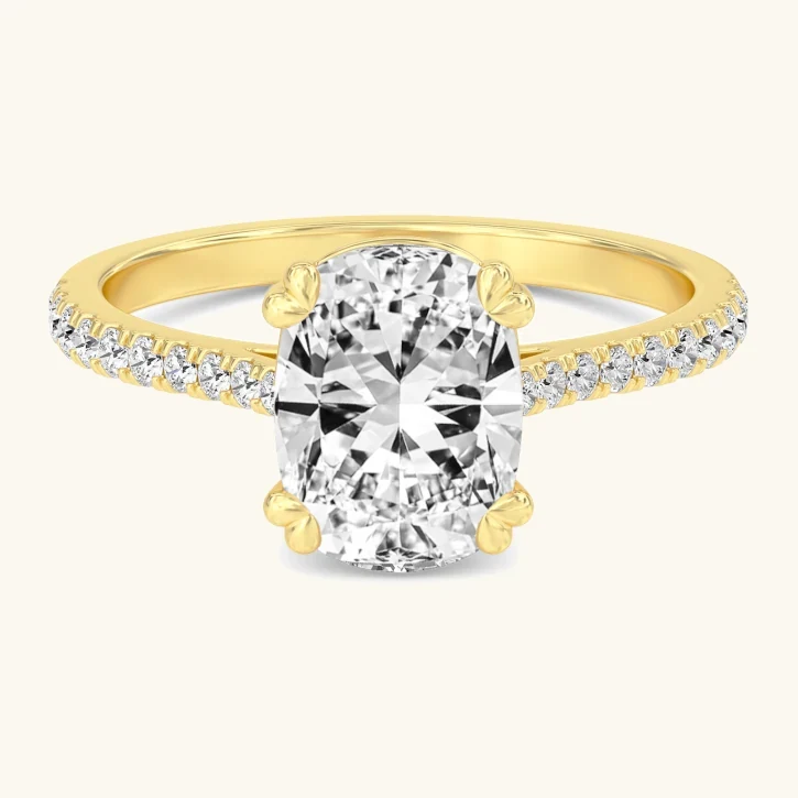 Pale, Four Prong Cushion Solitaire, Pavé Band in Yellow Gold, cushion