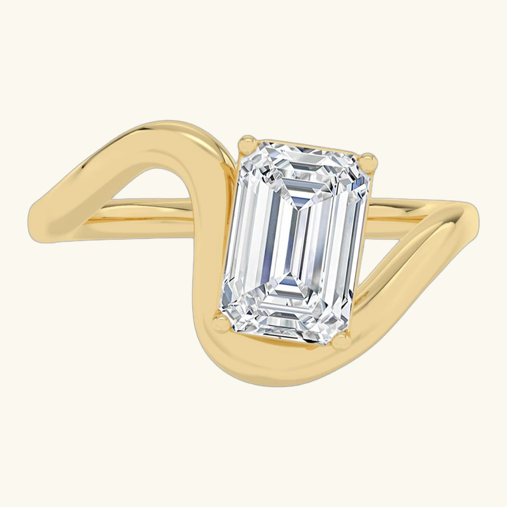 Carina, Four Prong Emerald Solitaire, Bypass Band in Yellow Gold, emerald