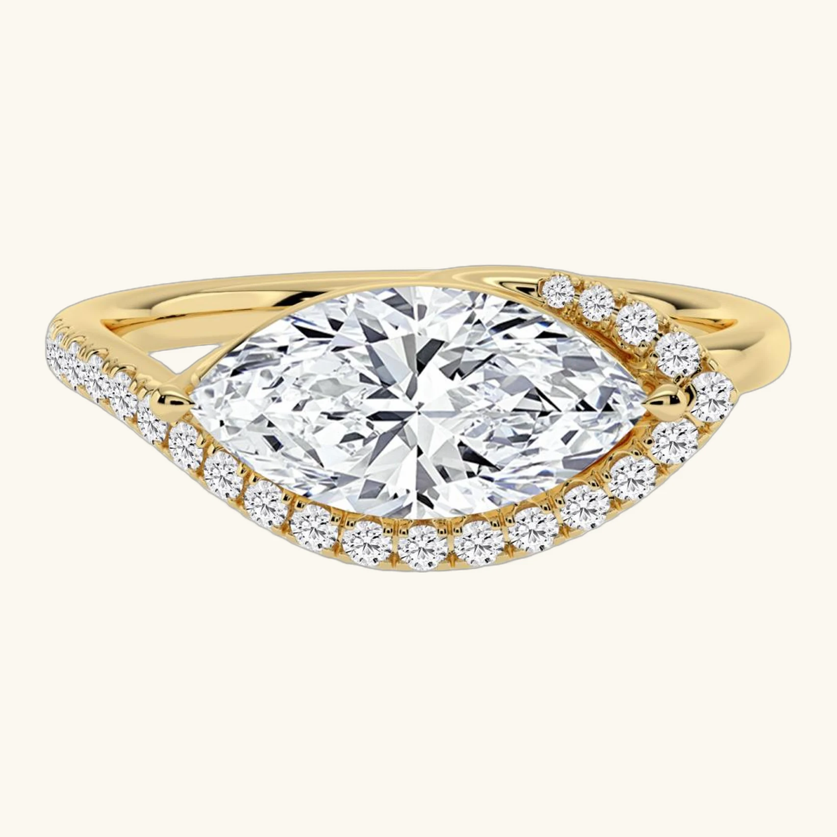 Felicity, East-West Marquise, Swept Pavé Halo in Yellow Gold, marquise