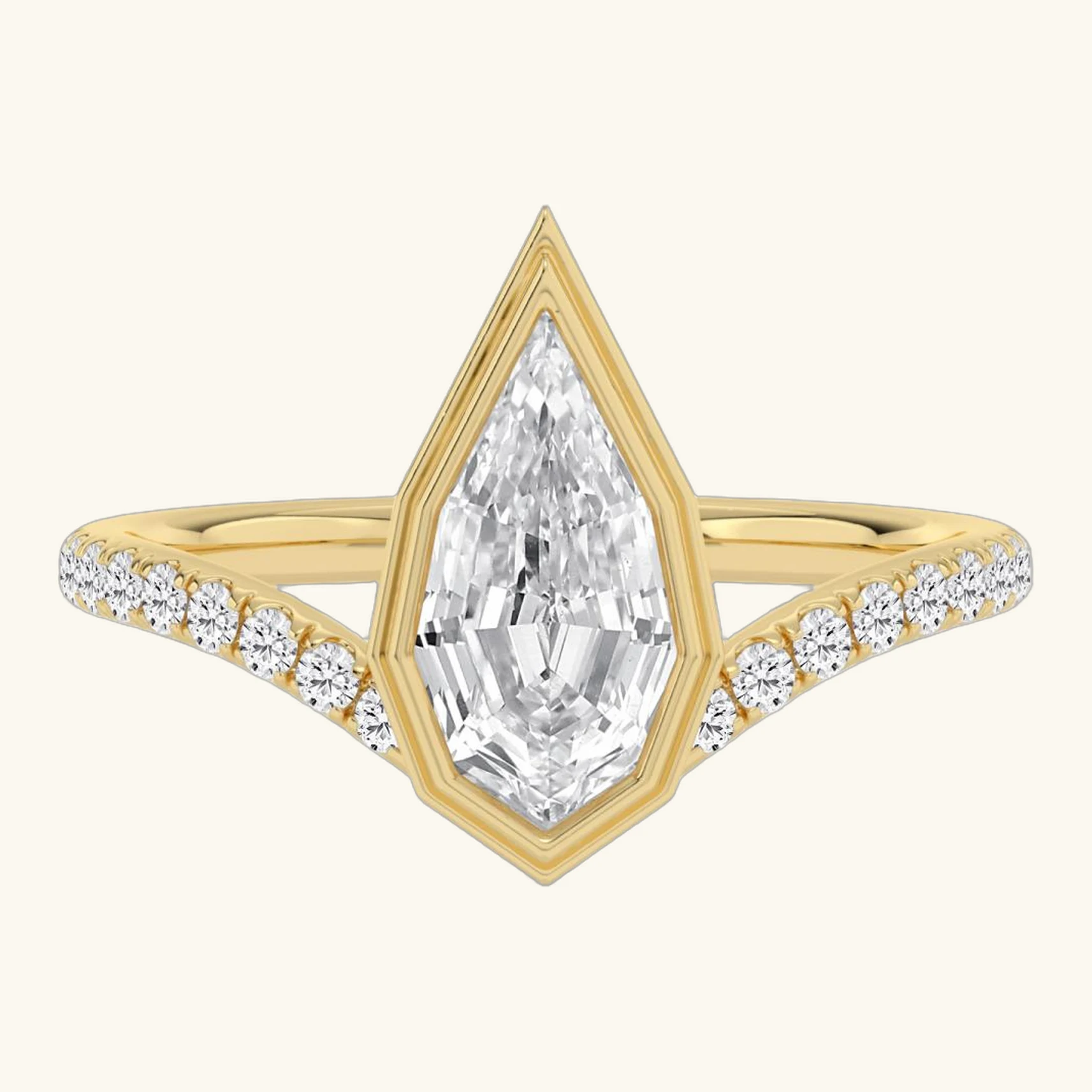 Gabriela, Step Cut Pear Bezel, Pavé Chevron Band in Yellow Gold, pear