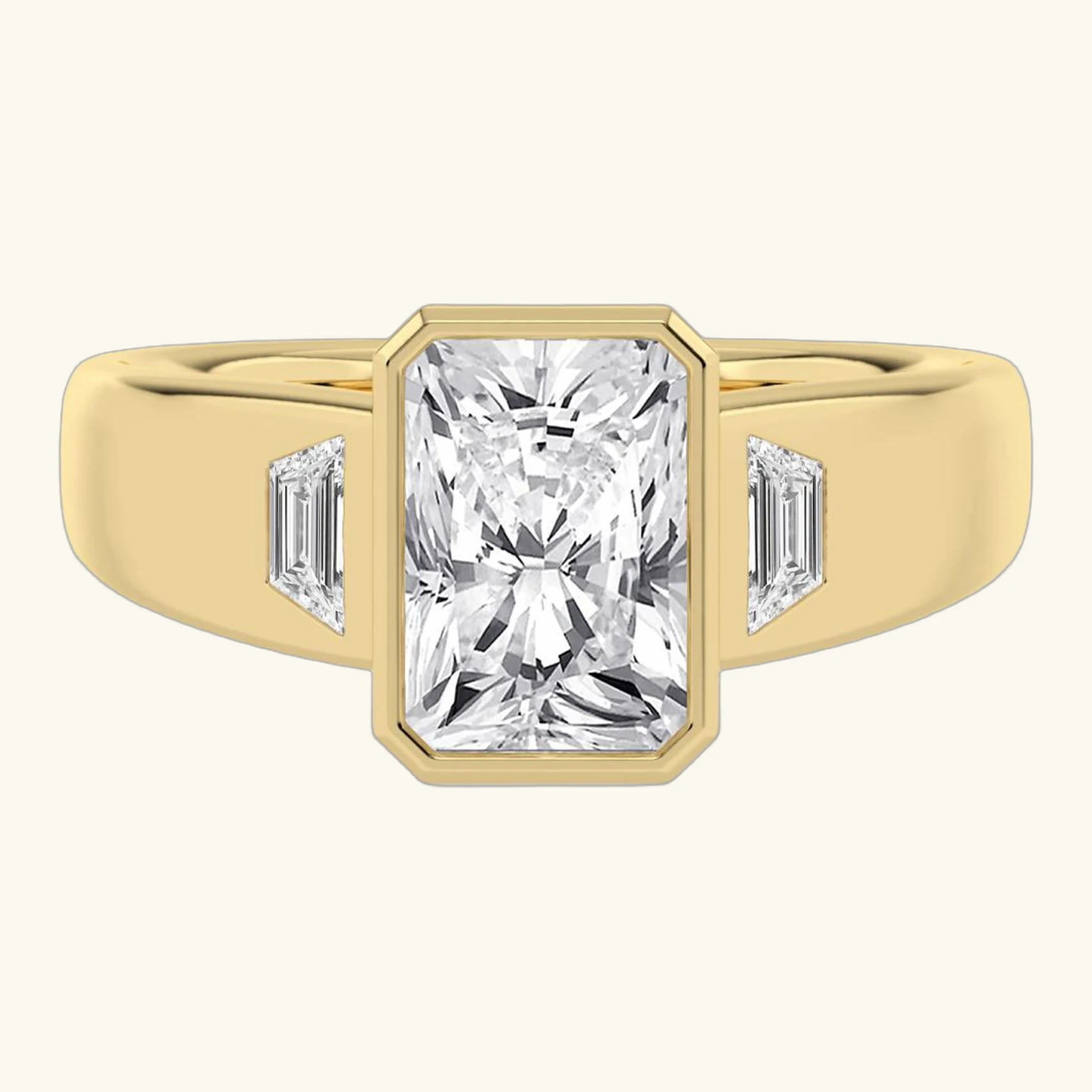 Mirabel, Radiant Bezel, Tapered Baguette Sides, Wide Band in Yellow Gold, radiant