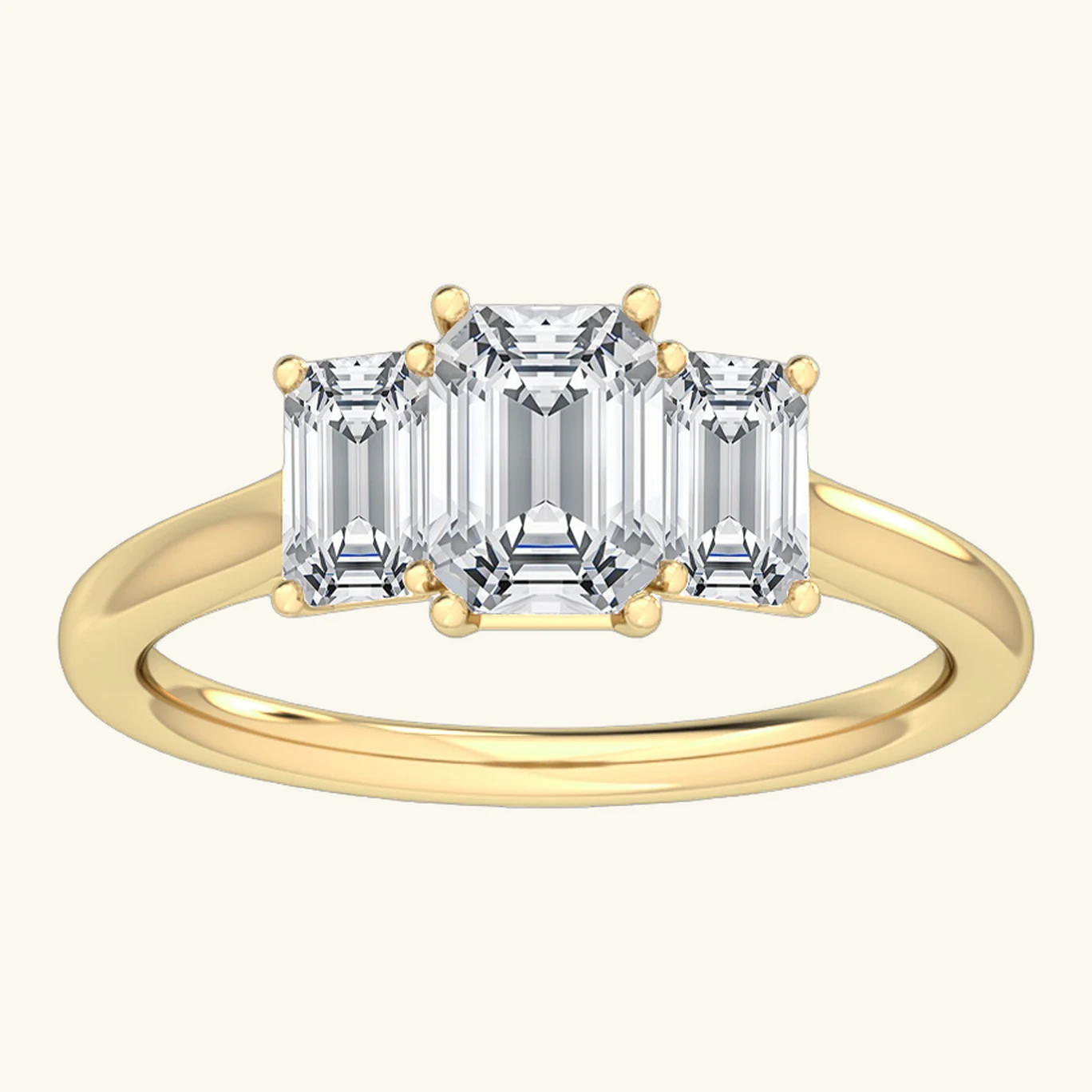 Simone, Three-Stone Ring, Three Emerald Cuts in Yellow Gold, emerald