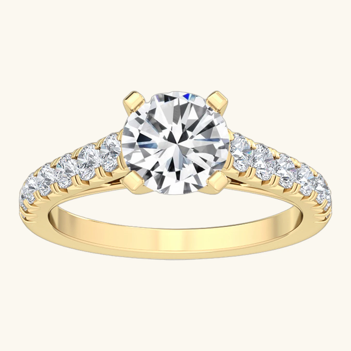 Lavinia, Four Prong Round Solitaire, Graduated Pavé Shoulders in Yellow Gold, round