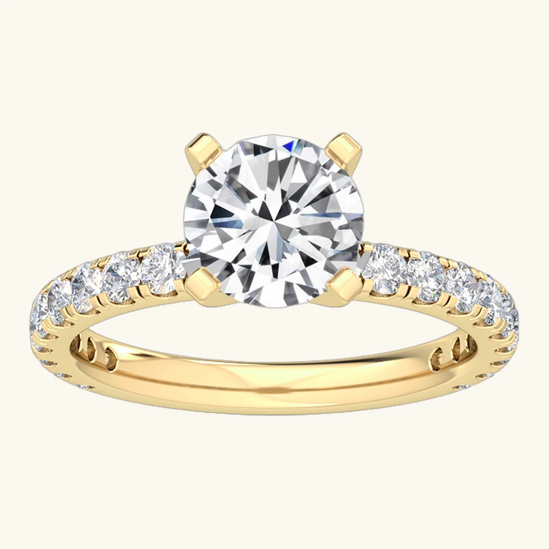 Nerissa, Four Prong Round Solitaire, Pavé Band in Yellow Gold, round
