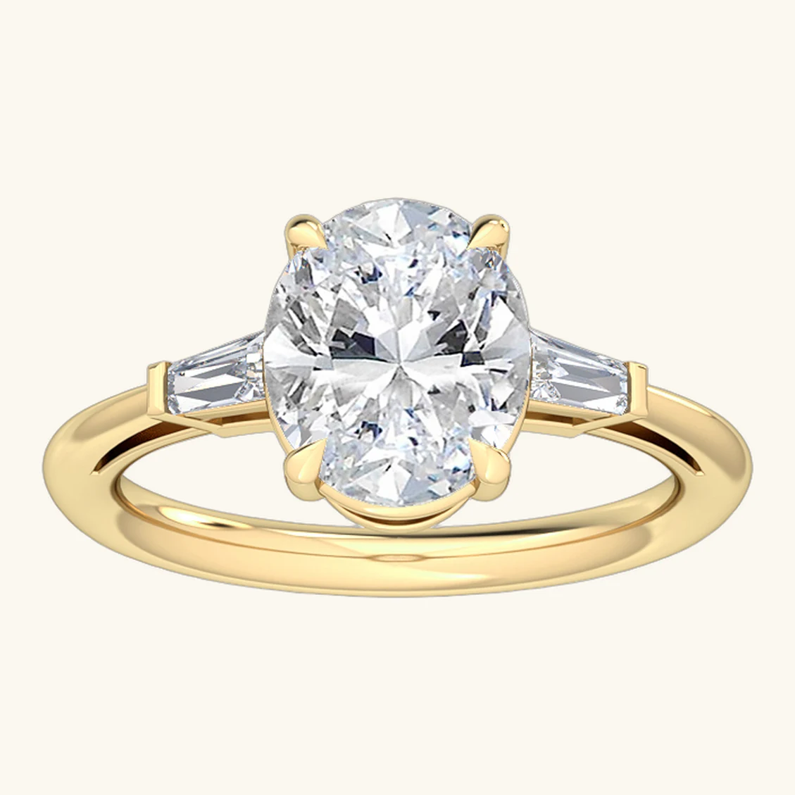 Orla, Oval Solitaire, Baguette Sides in Yellow Gold, oval