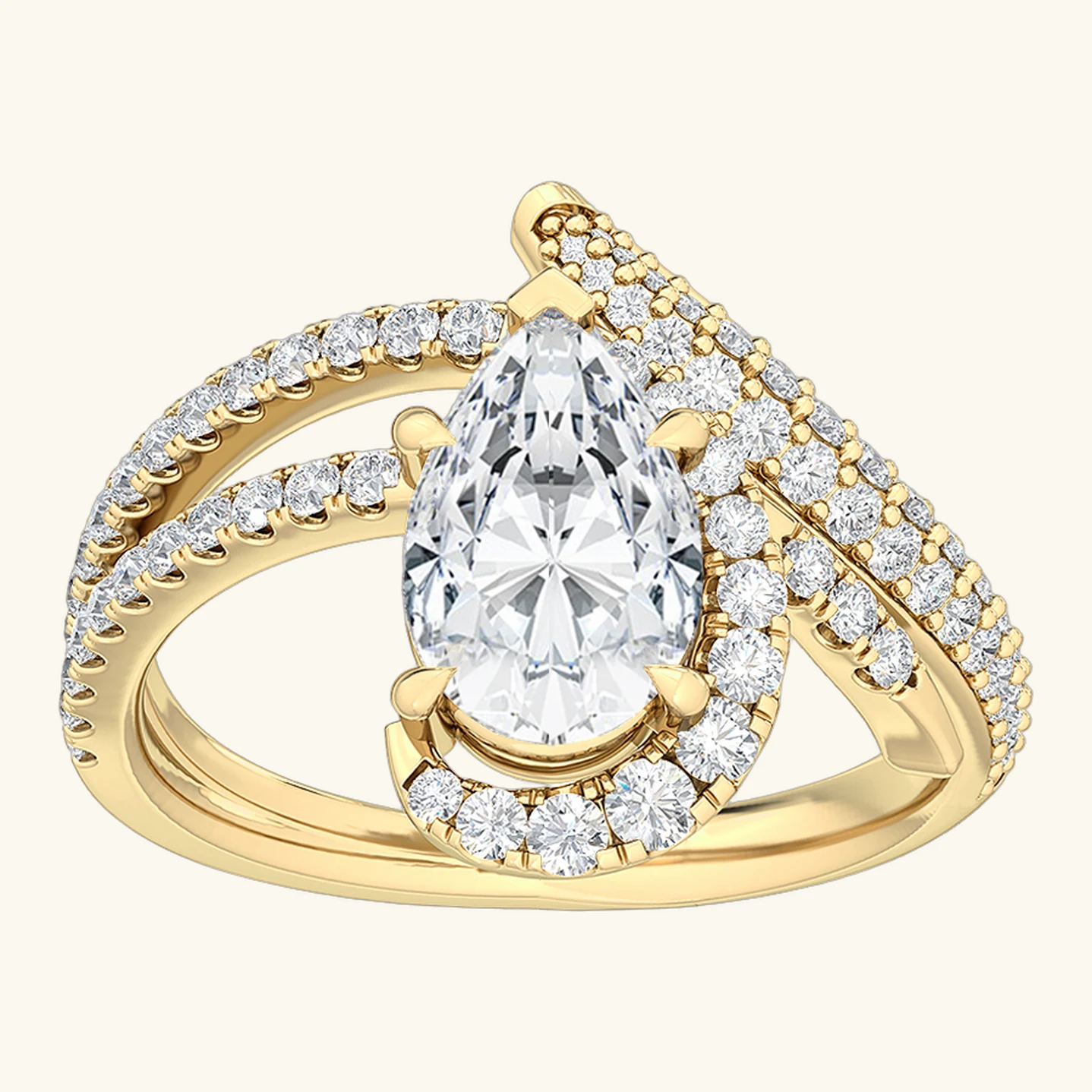 Romilly, Pear Half Halo, Pavé Bypass Band in Yellow Gold, pear